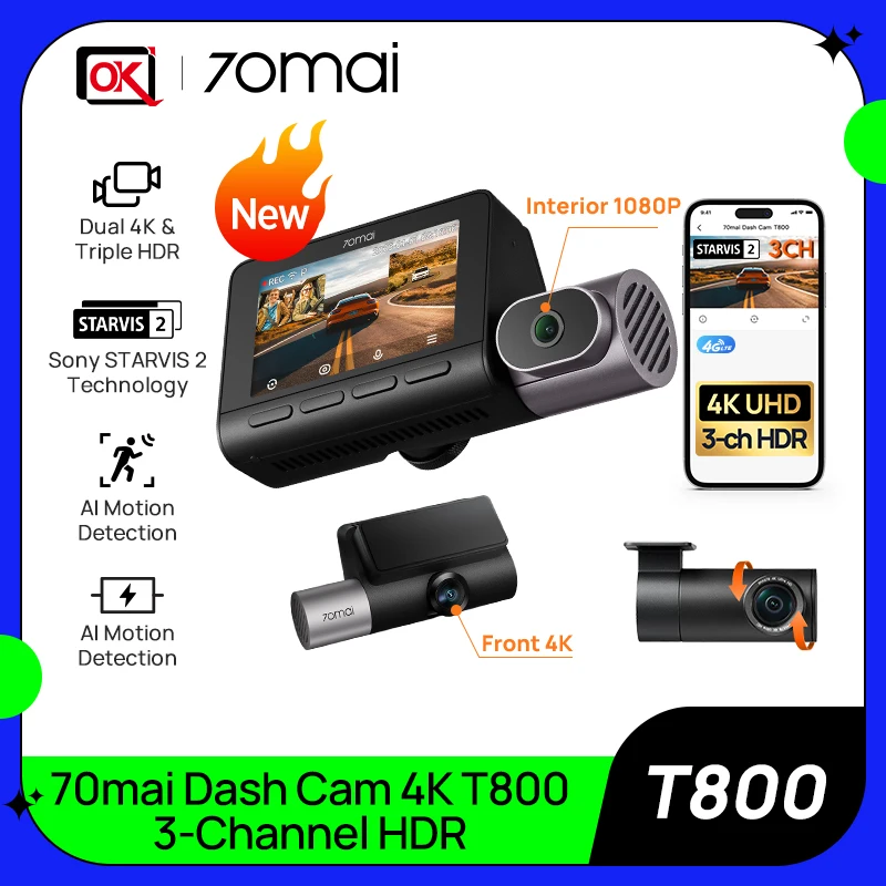 70mai 4K T800 3-Channel HDR Car DVR Built-in GPS & ADAS Voice
