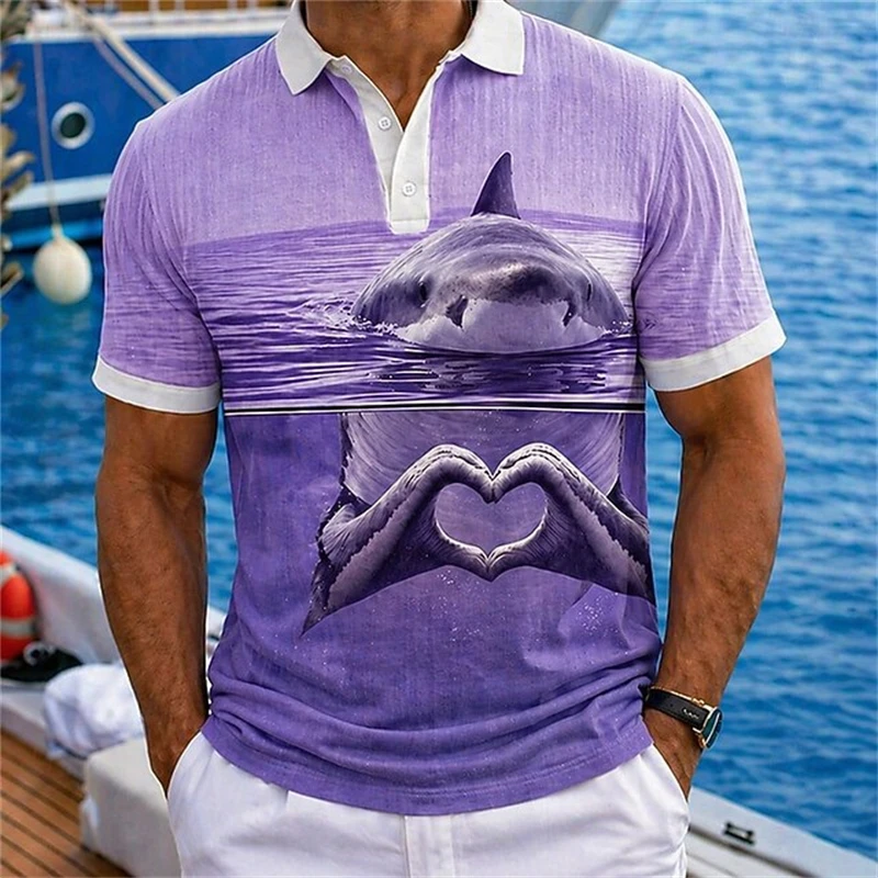 Men's Summer Short-Sleeve Shirt with Shark and Heart Print Casual Street Style Polo Shirt with Collar and Button Details