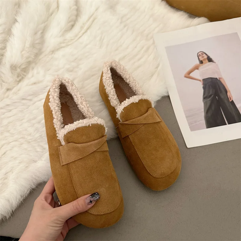 ZOOKERLIN Winter Outdoors Home Women Shoes Cute Flats Fur Female Warm Plush Pumps Indoor Bedroom Slip On Floor Cowhide Real Wool