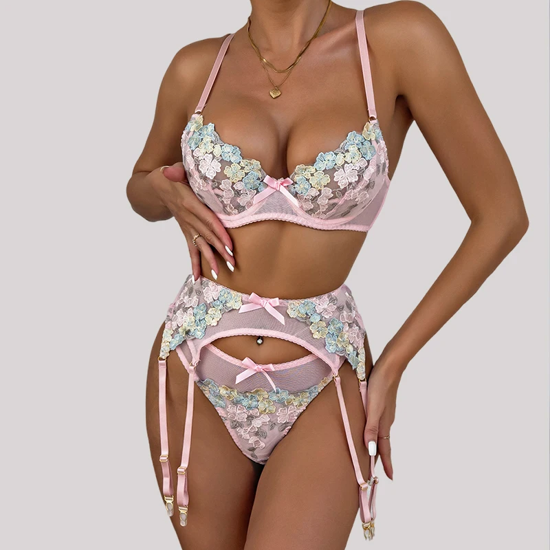 

Toucheart 3 шт., сексуальный интересный комплект нижнего белья с вышивкой и цветочным принтом, кружевной прозрачный тонкий глубокий лоскутный сексуальный сетчатый комплект без косточек