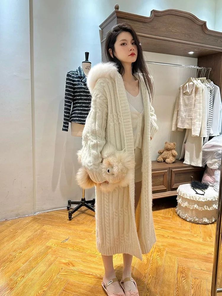 Women Fur Cardigan Thickened Long 2024 Autumn Winter Hooded Jacket Female Loose Simple Leisure Casual Faux Fur Sweater Coat F61