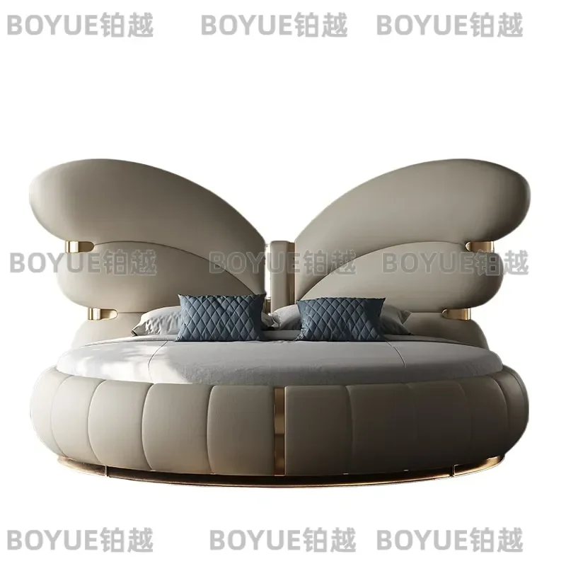 Italian Modern Light Luxury Round Bed Cream White Double Master Bedroom Furniture Large Circular Platform Frame Minimalist