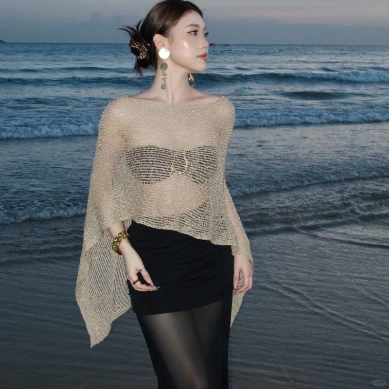 

Модный купальник Hottie, женский однотонный комплект из трех предметов с вязаным кардиганом с золотым вырезом, стильный купальный костюм для отпуска