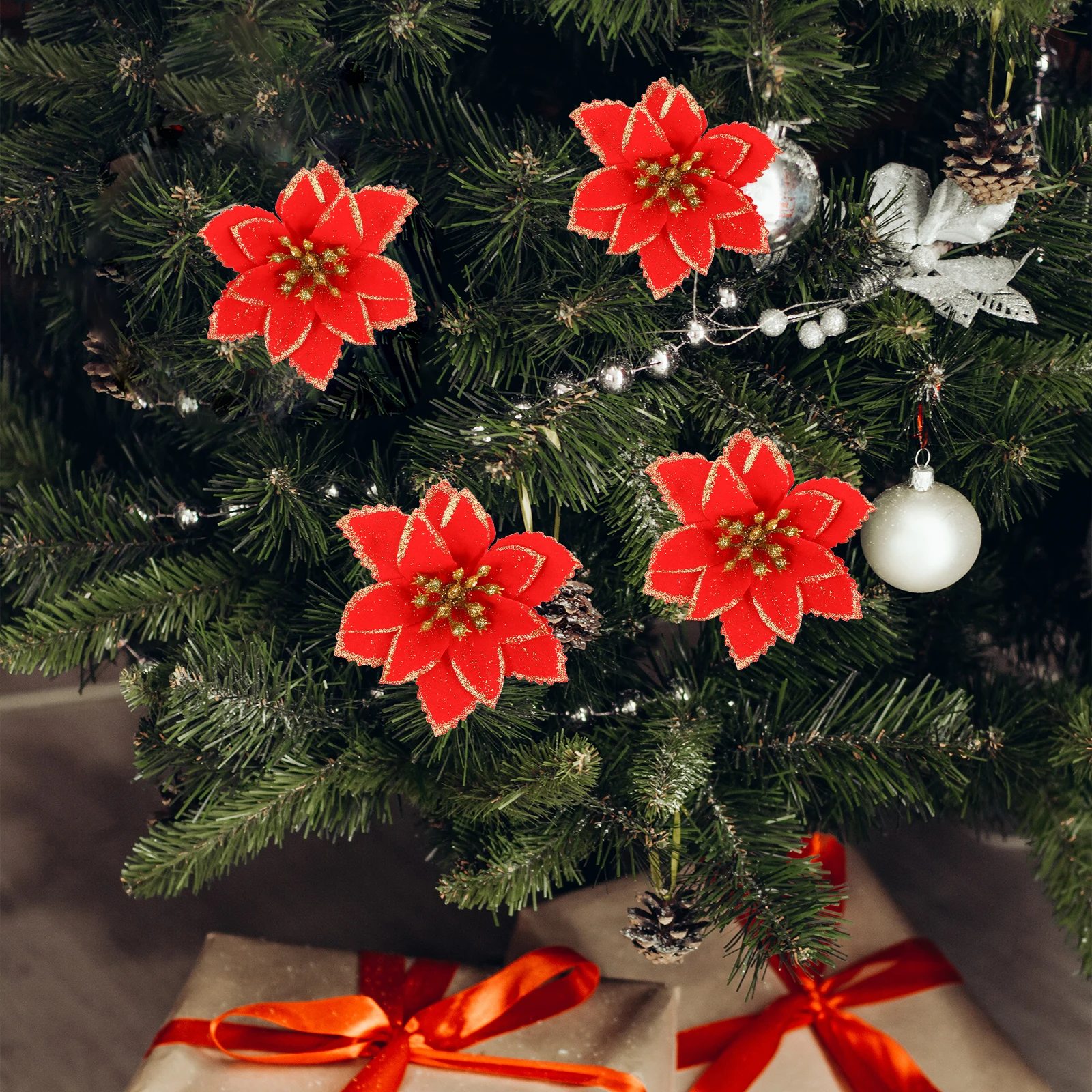 

24pcs Artificial Christmas Flower Red Poinsettia Ornaments Decorations for Tree Festival Party Simulation Flowers Living Room