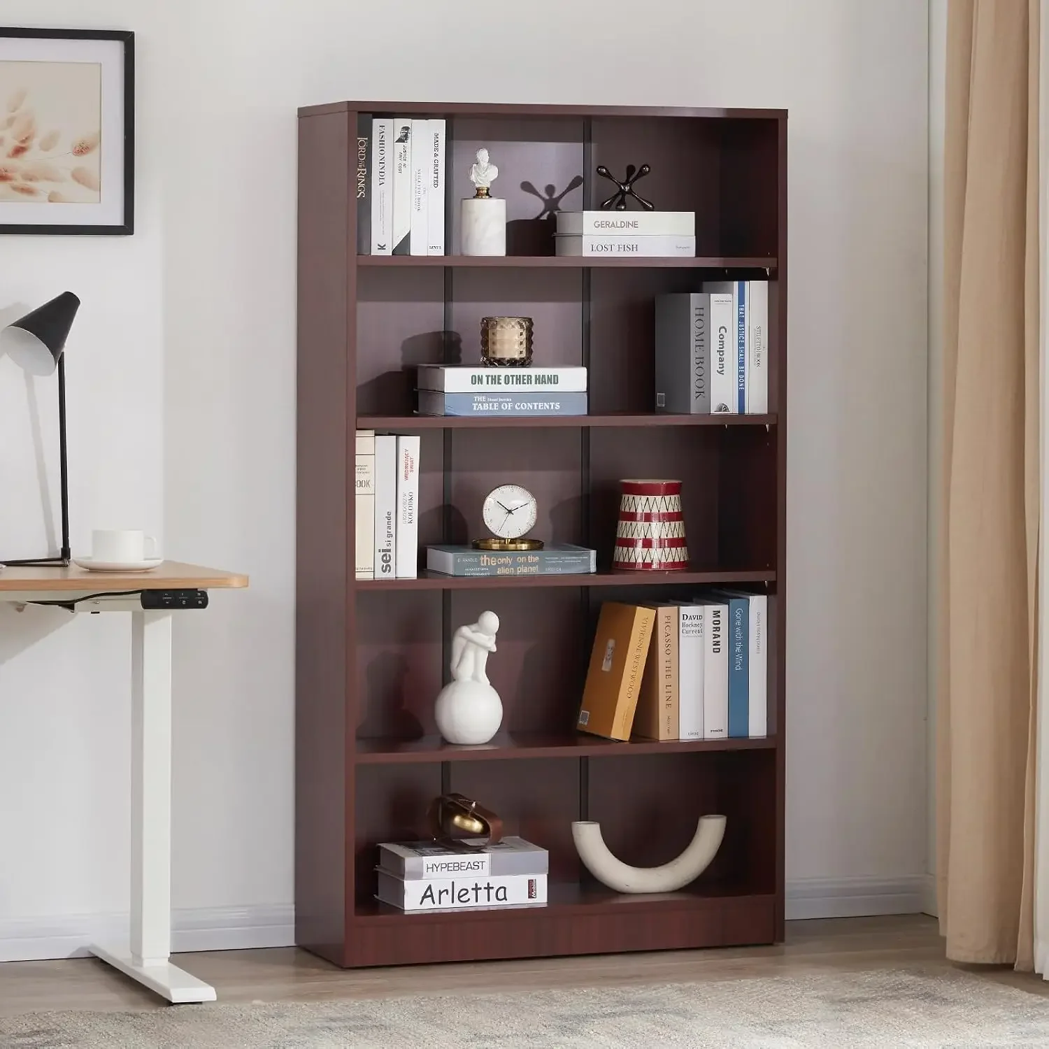 5 Shelf Mahogany Bookcase 60 inch Tall Wood Bookshelf for Bedroom