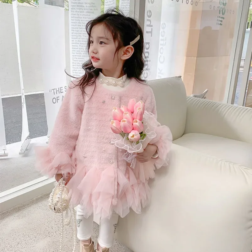 Spring Autumn Kids Girls Coat Jacket Outwear  Sweet Faux Fur Warm Plus Velvet Thicken Winter Woolen Coat Outdoor Fleece Clothes