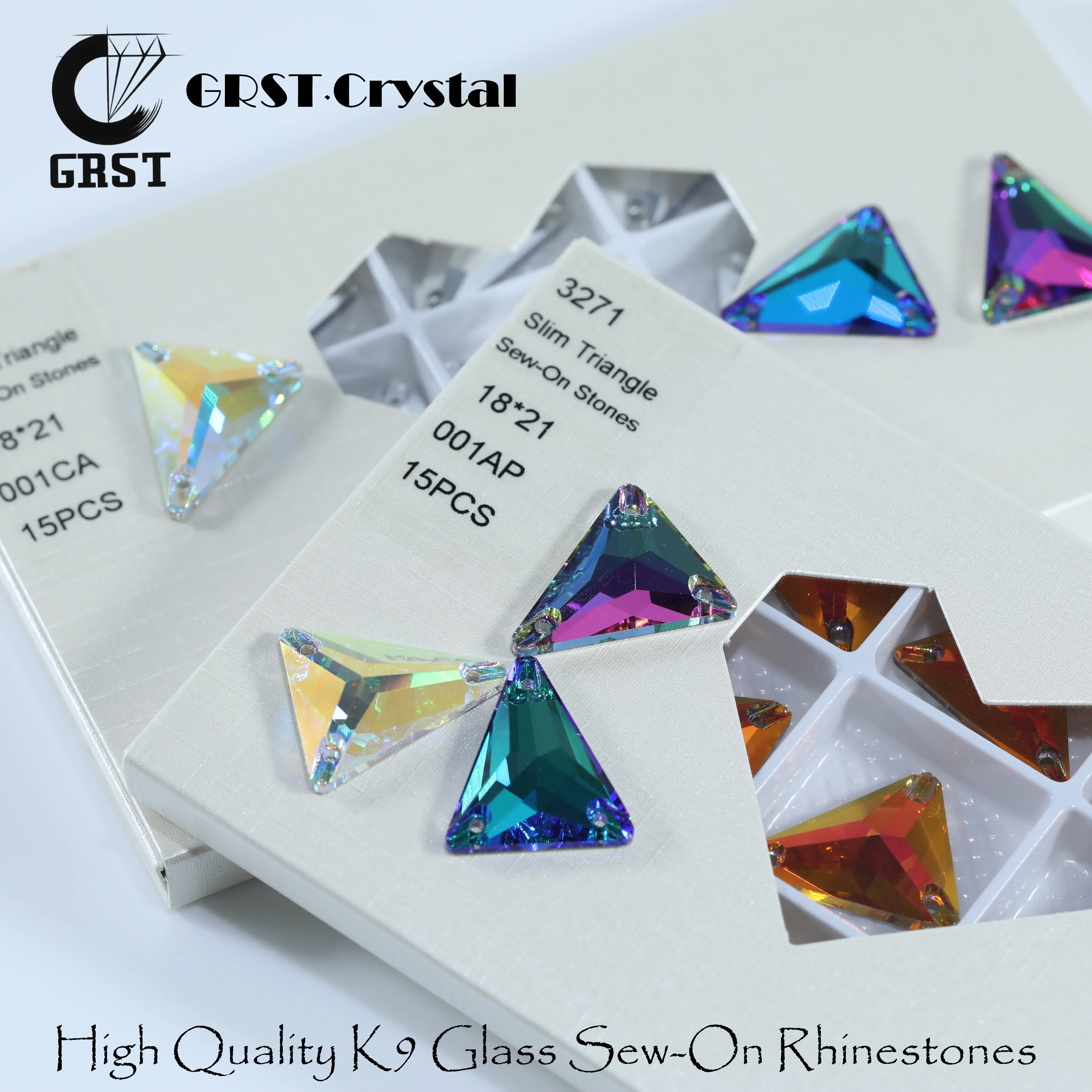 Dreieckige K9 Kristall-Aufnähsteine, Hochglänzende Glas-Strasssteine für Hochzeitskleider, Latein-Tanzkostüme, Schuhe, DIY-Schmuckdekoration – Detail 1