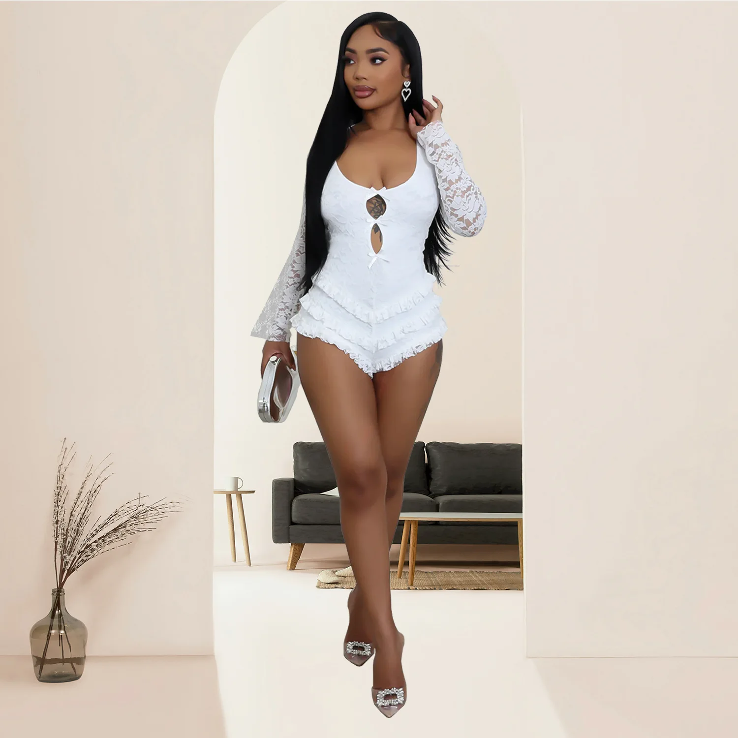 EINY Fashion Lace Backless Bodycon Bodysuits Women Hollow Out Long Sleeve Bow Ruffle Rompers Sexy See Though One Piece Clubwear