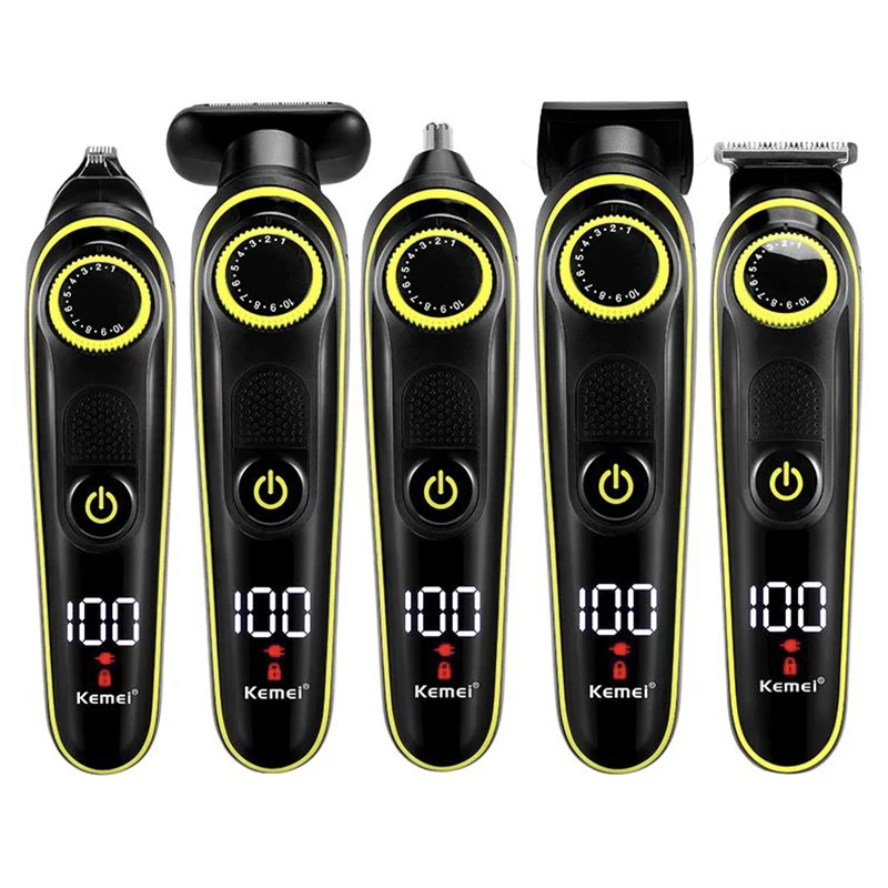 ماكينة قص الشعر Kemei696/ماكينة حلاقة للوجه/ماكينة تشذيب شعر الأنف/ماكينة حلاقة الجسم/ماكينة تشذيب كهربائية احترافية للرجال 5in1 مع قاعدة