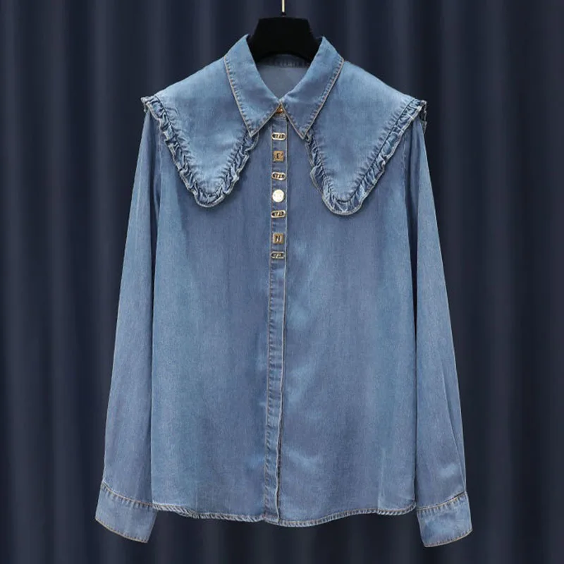 2025 New Fashion Female Denim Shirt Spring Autumn Splicing Side Of Fungus Shawl Collar Loose Tops Washed Women\'s Cowgirl Shirt