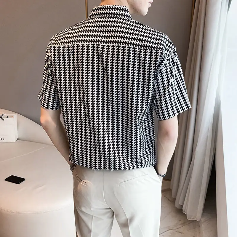 Business Casual Striped Printed Shirts Men's Clothing Turn-down Collar Summer Fashion Pockets Spliced Loose Short Sleeve Shirts