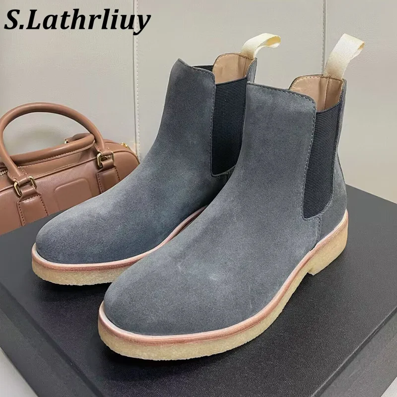 

Flat Thick Sole Short Boots Unisex Round Toe Kid Suede Elastic Band Ankle Botas Autumn Winte Shoes British Style Work Boots