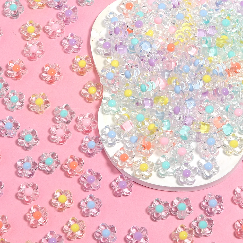 100pcs/lot Flower Beads Colorful Transparent Acrylic Beads Loose Beads For Children Girls DIY Jewelry Making Bracelet Necklace