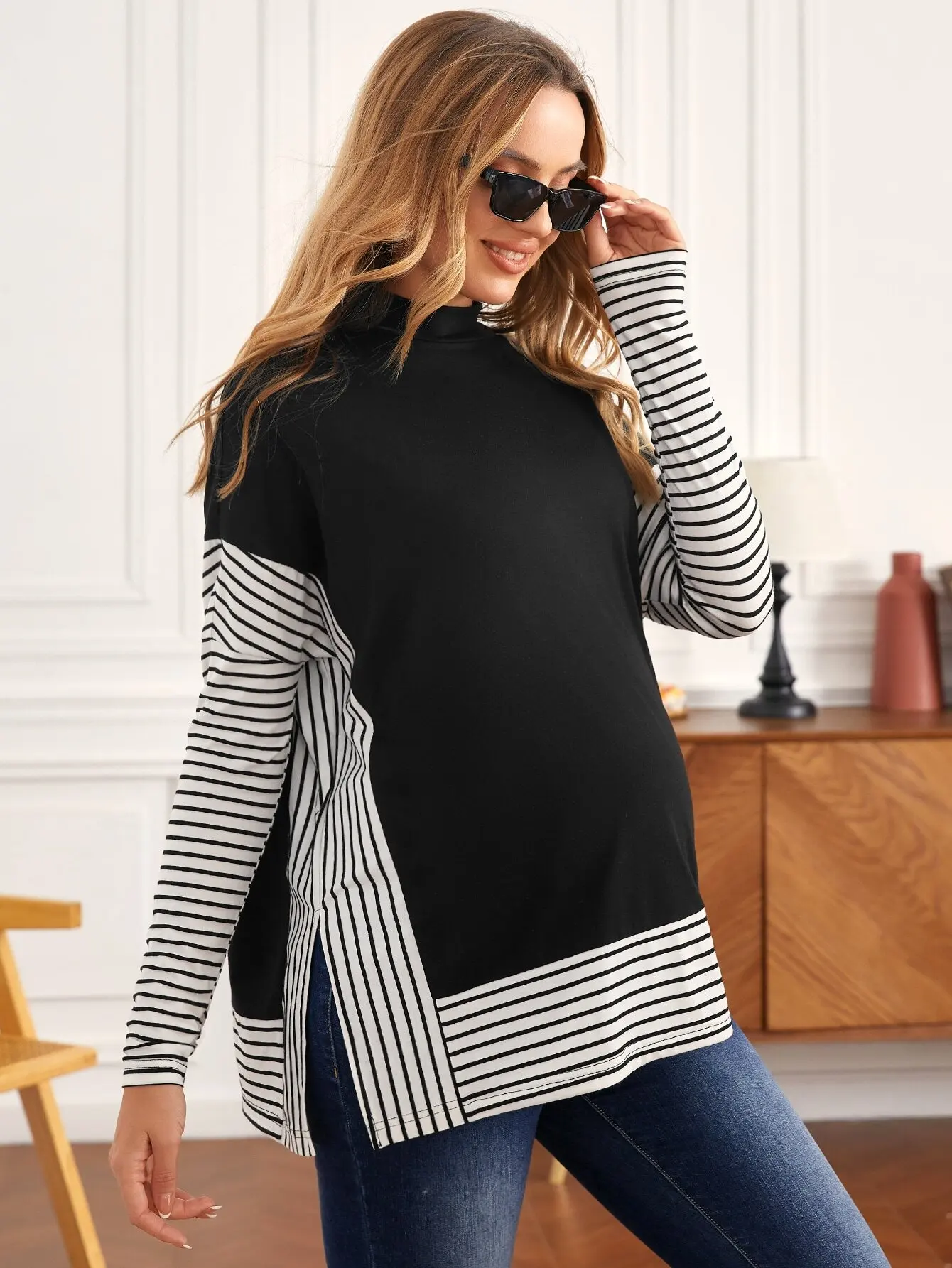 

Футболка для беременных с длинным рукавом, в полоску, с воротником-стойкой и боковым разрезом, свободного кроя, для повседневной носки осенью и зимой