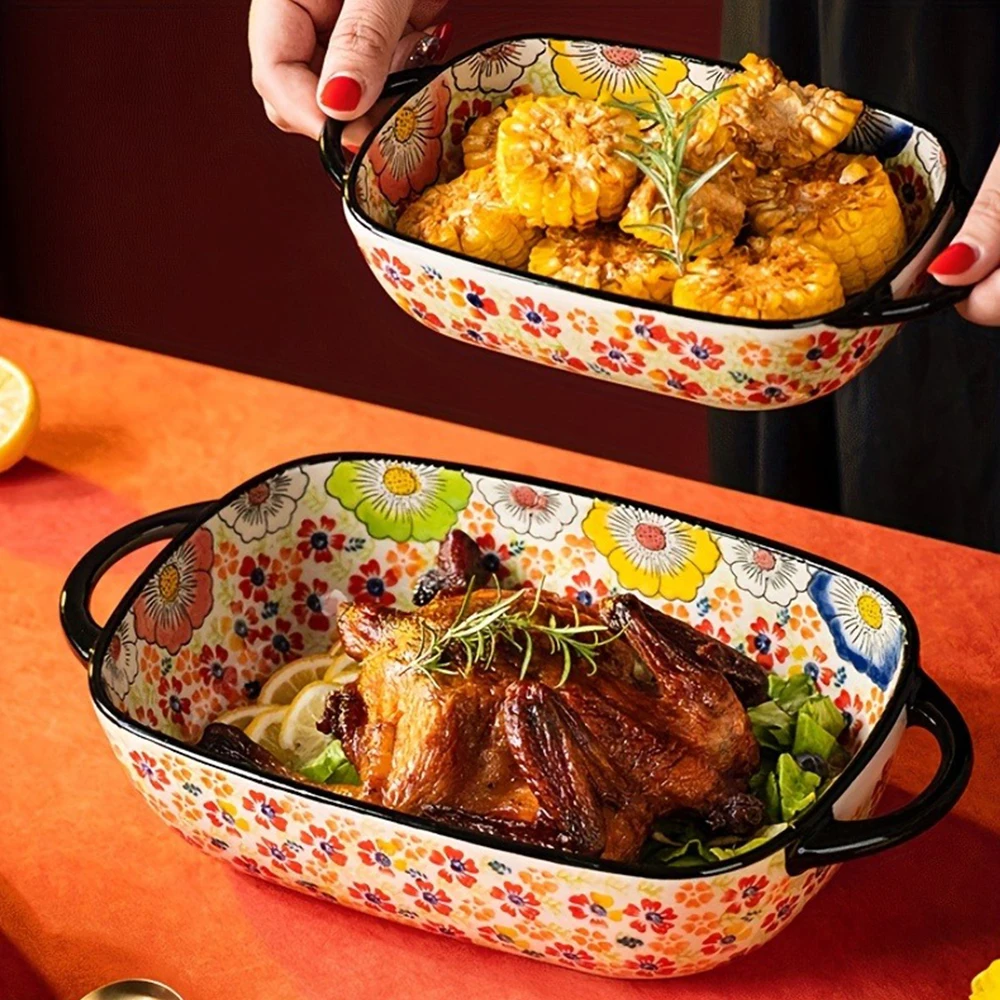 

Прямоугольная фарфоровая форма для выпечки с ручной росписью, 2 шт., блюдо для запекания для духовки/приготовления пищи/кухни (романтический цветок)