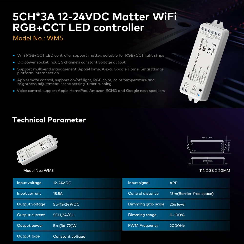 Materie WiFi LED-Controller 5ch Smart Rgbcct Dimmer App Fernbedienung Sprach steuerung Dimmen Unterstützung Apple Homekit Alexa DC 12V 24V