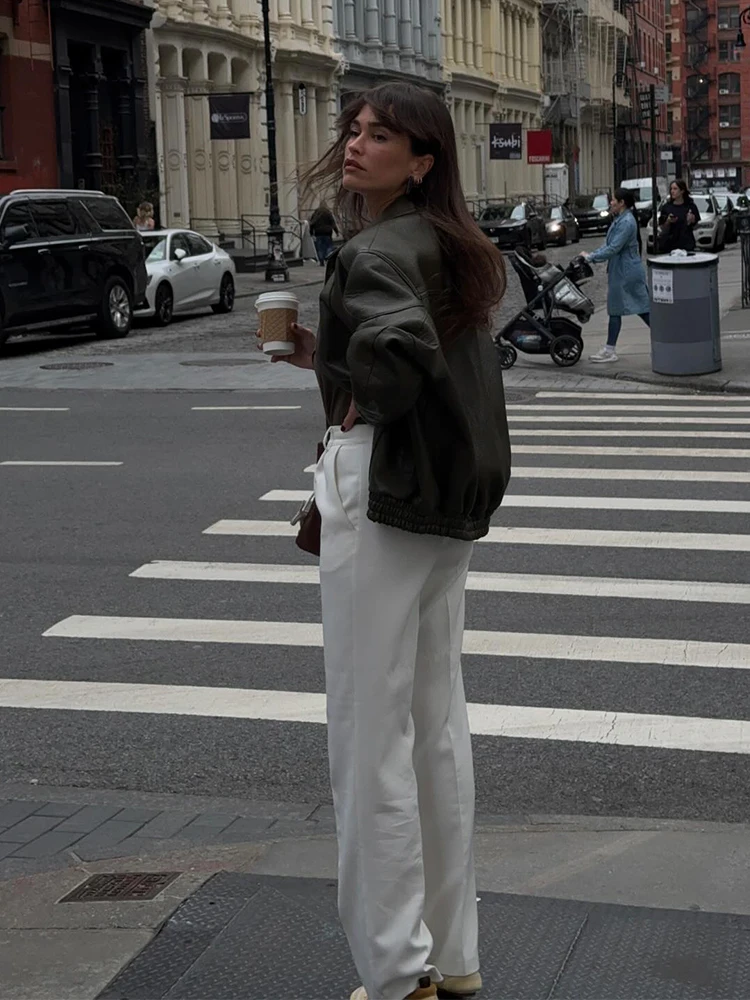 Green Zipper Leather Jacket Women Casual Stand Coller Long Sleeve Loose Coat Chic 2025 Lady Autumn Outerwear Daily Street Coats