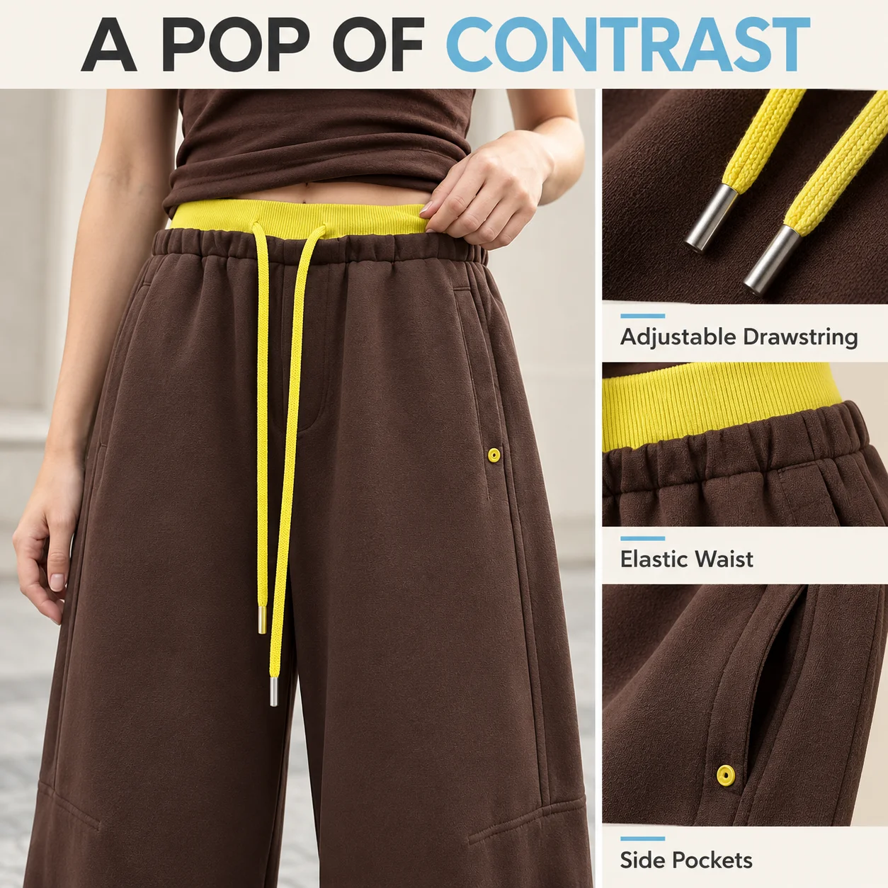 Women's High Waist Barrel Leg Pants Contrast Waistband Drawstring Loose Wide Leg Trousers with Pockets Casual Autumn