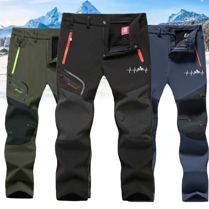 

Winter Men Thick Hiking Camping Fishing Climbing Skiing Pattern Print Warm Pants Outdoor Casual SoftShell Fleece Travel Trousers