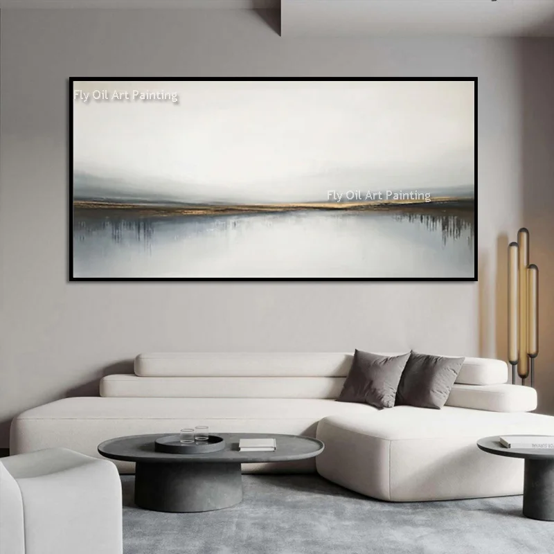 Popular Blue White Abstract Canvas Thick Artwork Decor For Living Room Large Hand Painted Black White Landscape Oil  Painting