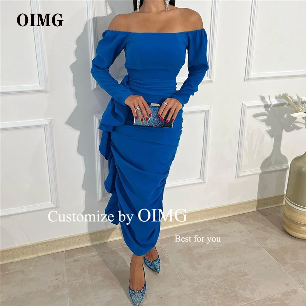 

OIMG Off the Shoulder Blue Crepe Evening Dresses Long Sleeves Pleats Ruffles Vintage Prom Gowns Saudi Arabic Formal Party Dress