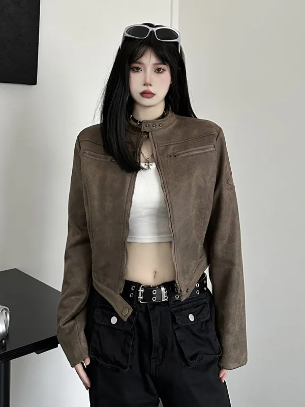 레트로 아메리칸 스탠드 칼라 재킷 여성용 가죽 바이커 재킷 페이디드 스트리트 스타일 지퍼 롱 슬림 핏 셔츠