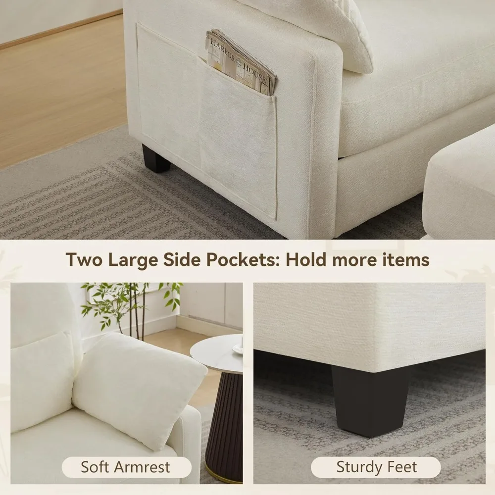 

57.5" Oversized Chaise Lounge with Ottoman Indoor, White Reading Chair with Ottoman & Sofa Bed, Chenille, Customized