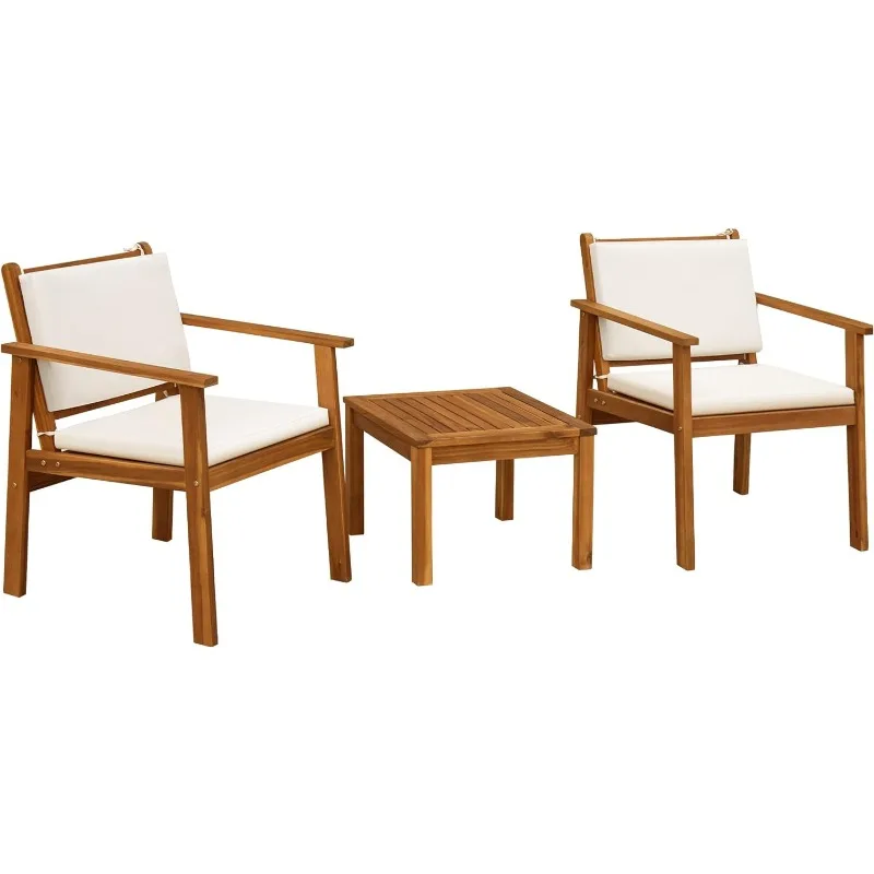 Sillas de Patio de madera de Acacia con mesa de centro y cojines, juego de conversación al aire libre, sillas de balcón, 3 piezas