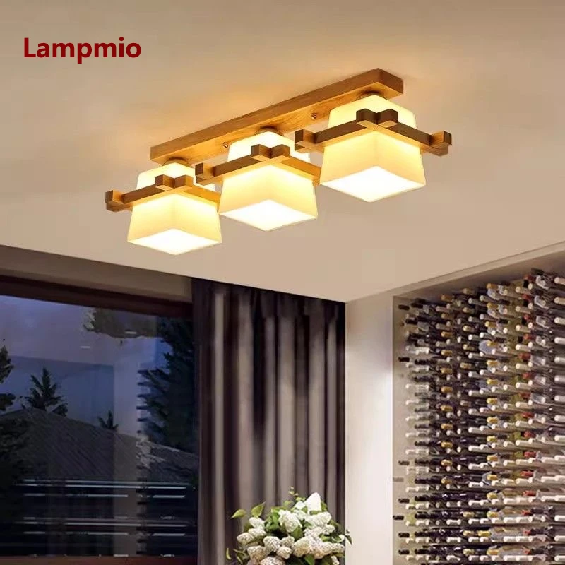 

Lampmio Home Decor 4 Lampshade Wooden Ceiling Light Glass Japandi Style 3 LED Ceiling Mount Lamp for Living Room Bedroom