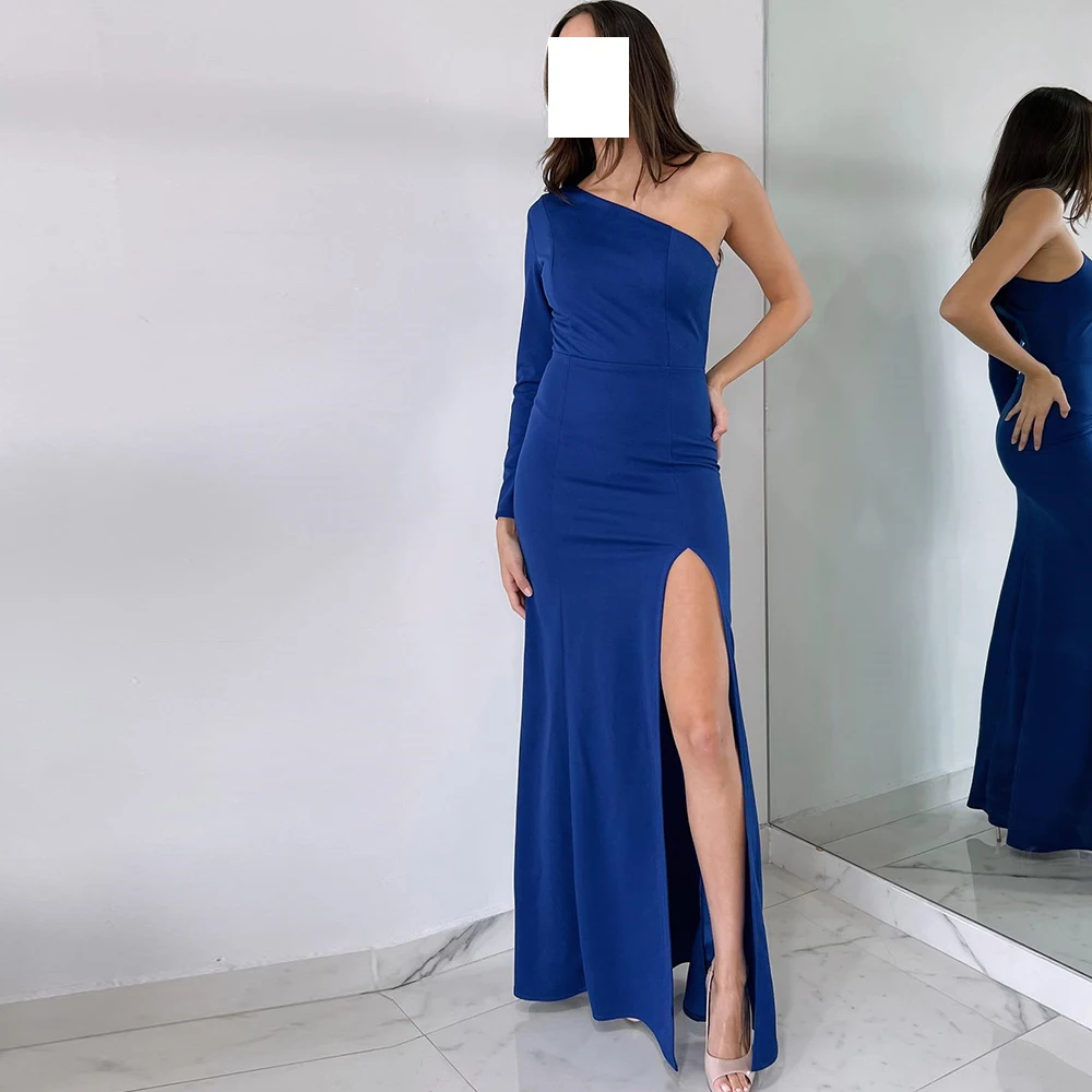 

Classic Blue Side Slit Straight Evening Dress Simple Pleats Sleeveless Jersey One Shoulder Floor Length Bespoke Occasion Gowns