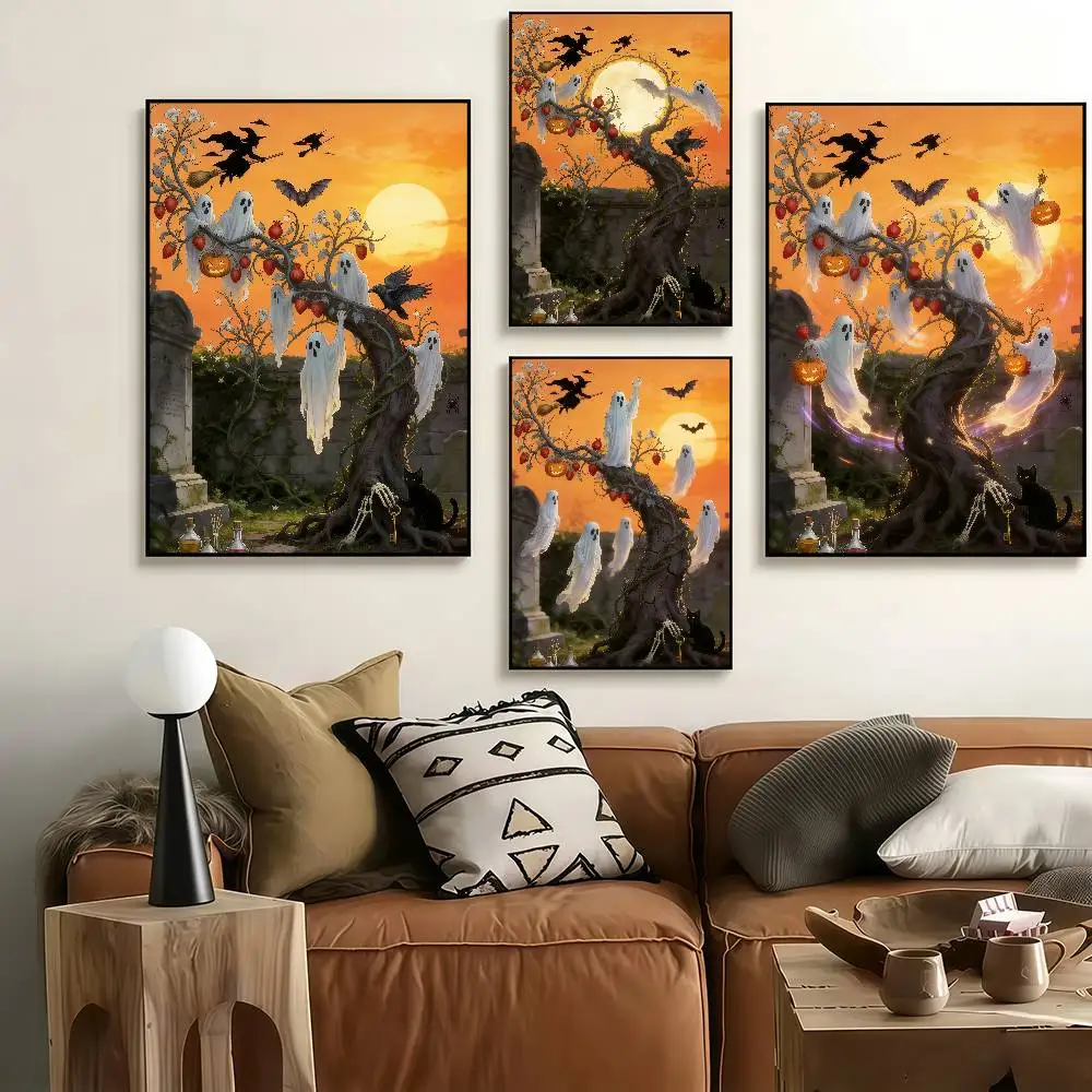 Orange Halloween Ghost Tree Black Cat Witch Poster Stickers Art Print Retro Artistic Wall Decor HD Living Room Decor Unique Gift