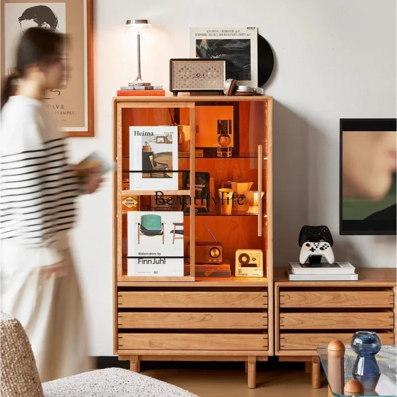 yj21 Nordic solid wood side cabinet dust-proof living room home storage cherry wood locker