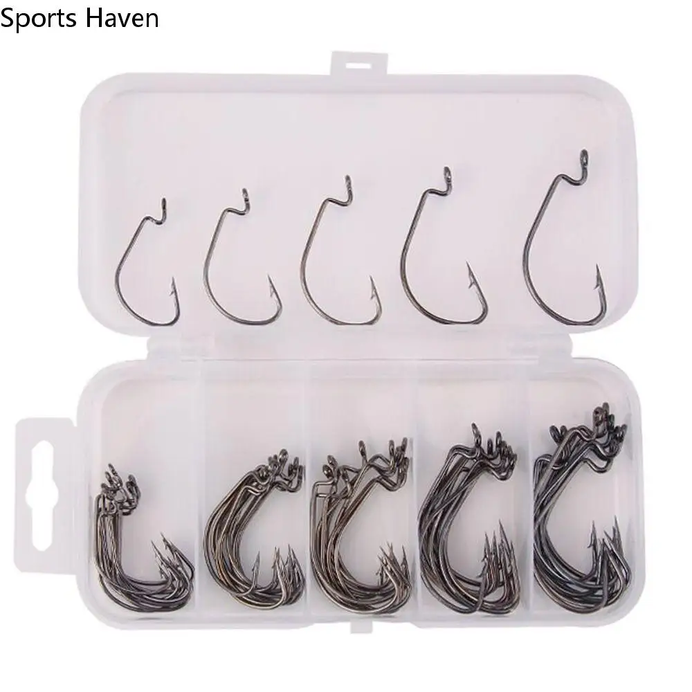 

50 PCS Durable Carbon Steel Black Fishing Hooks with Fishing Box Barbed Carp Fishing Hook Fit Soft Worm Lure Set