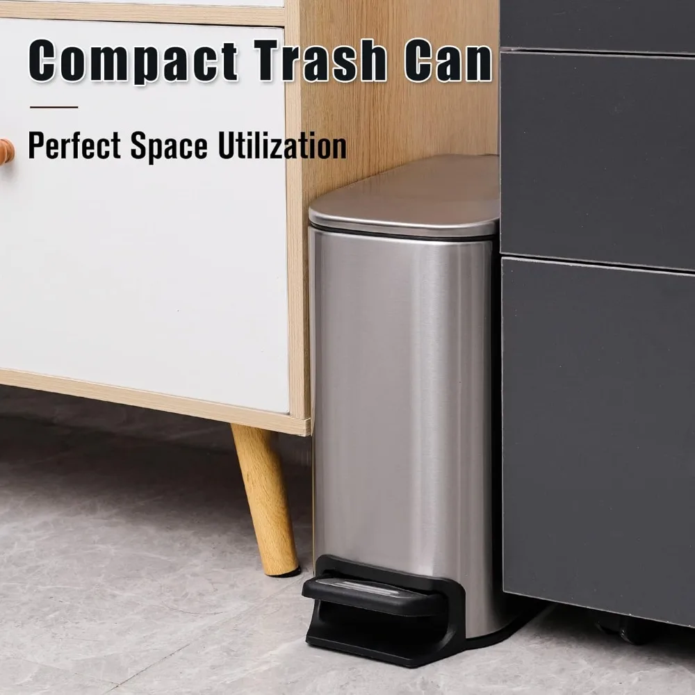 

Small Bathroom Trash Can with Lid Soft Close, Step Pedal, 6 Liter / 1.6 Gallon Stainless Steel Garbage Can with Removable Inner