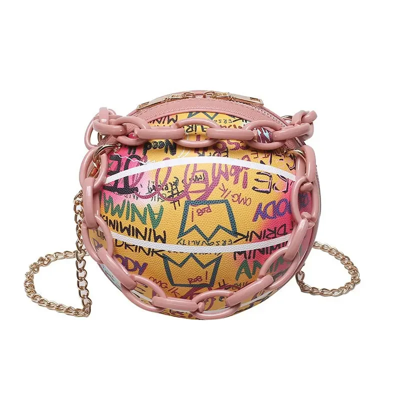 Personality Graffiti Round Ball Bag For Women 2024 PU Leather Crossbody Acrylic Chain Handbags and Purses Female Basketball Bag