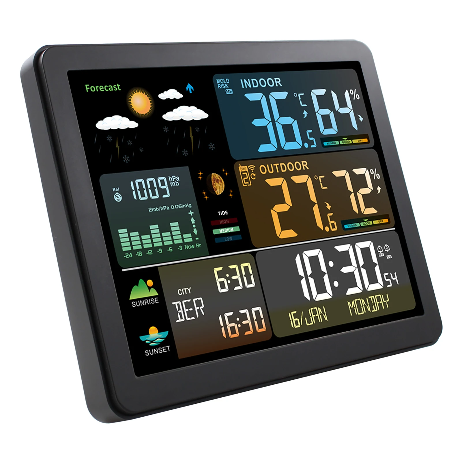 Smart Weather Station with Clock Indoor and Outdoor Temperature Humidity Meter Multifunctional Large Color Screen Weather Clock