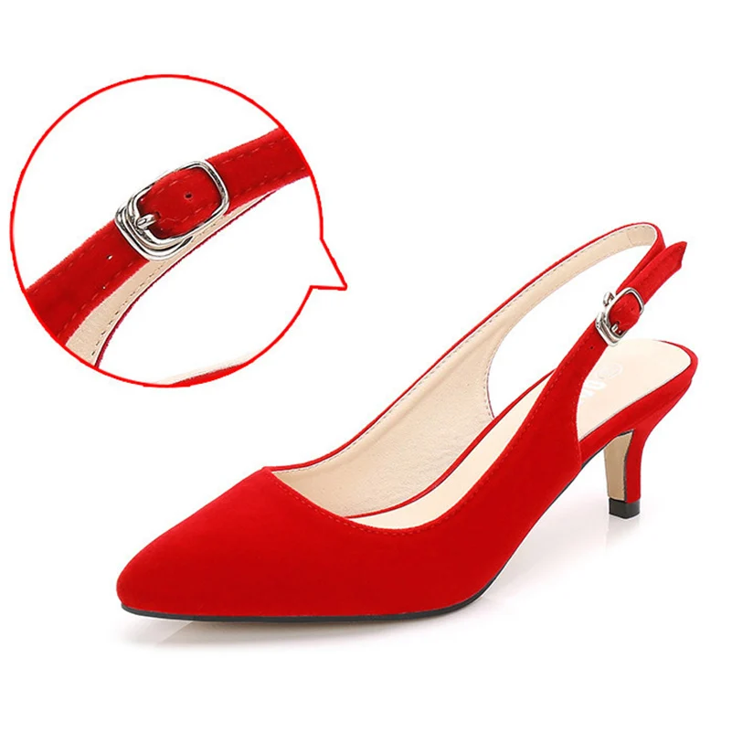 2023 Women 5cm High Heels Scarpin Low Heels Slingback Pumps Lady Pointed Toe Cute Kitten Heels Flock Plus Size Black Red Shoes