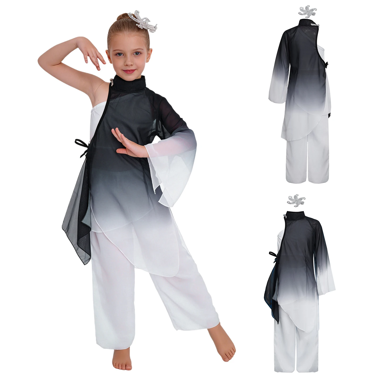 

Kids Girls Lyrical Classical Dance Performance Outfit Costume One Shoulder Sleeveless Vest Split Tunic Shirt with Pants Headwear