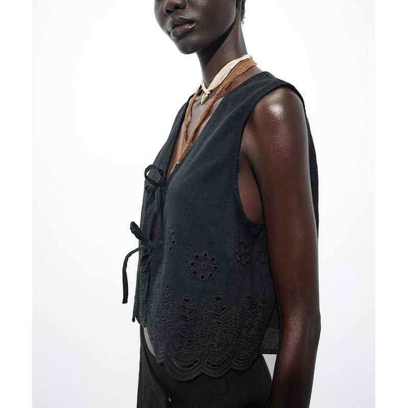 Letnia damska kamizelka z mieszanki lnu, wiązana, ażurowa, haftowana, dekolt w serek, wyszczuplający top na ramiączkach, oryginalny projekt, włókno poliestrowe.