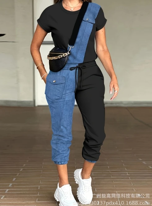 Top donna Set di due pezzi di nuovi prodotti consigliati: Set di pantaloni con tasca superiore e coulisse stampati in stile Denim Color Blocking