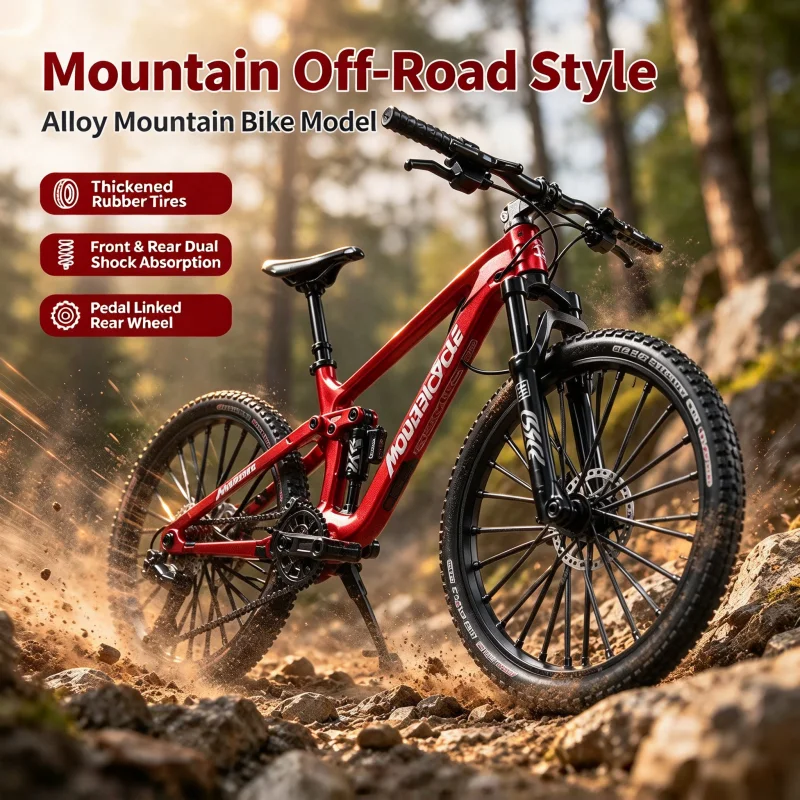 Alloy Mountain Bike Model, Dual Shock Absorption Bicycle Replica with Thick Rubber Tires, Pedal Linked Rear Wheel, Desktop Colle