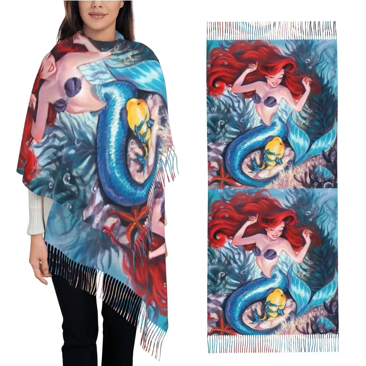 The Little Mermaid Cartoon Scarf with Long Tassel Keep Warm Shawl Wrap Women Design Head Scarves Winter Fashion Foulard