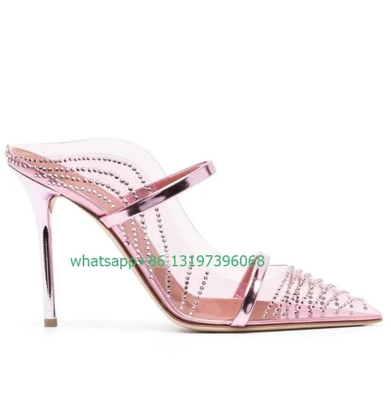 Lady pink sequins pointed toe mules rhinestone embellishment high heles slingback pumps PVC design causal outdoors shoes size 46