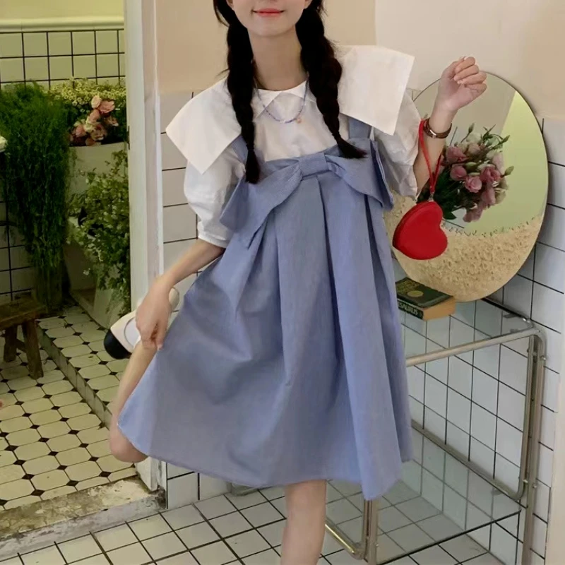 2 Pcs Sets Women Summer Peter Pan Collar Shirts Bow Mini Dresses Sweet All-match Tender Fashion Teens Ulzzang Aesthetic Girlish