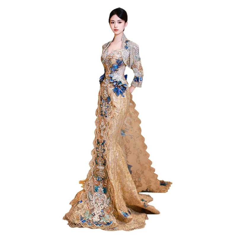 New Champagne Gold Blue heavy-duty tail-end tribute wine Chinese wedding dress style clothing