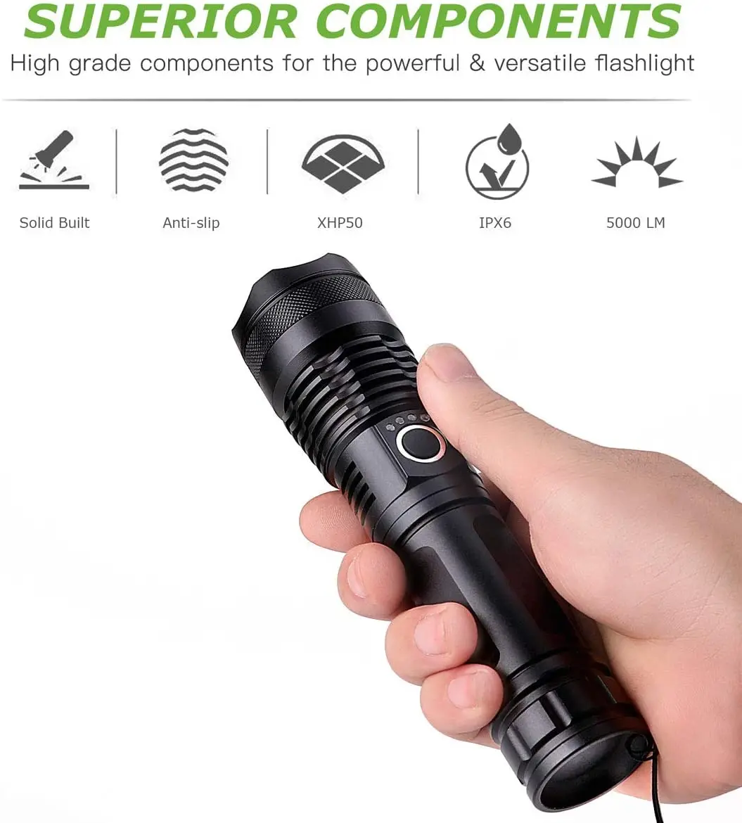 ZK30 10000 Lumen Rechargeable Tactical Flashlight, XHP50 LED for Hiking Hunting Camping Emergency Outdoor Sport