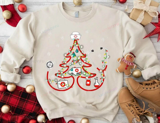 Christmas Tree Stethoscope Funny Doctor Sweatshirt Nurse Christmas Sweatshirt Gift for Healthcare Worker Harajuku Unique Hoodies