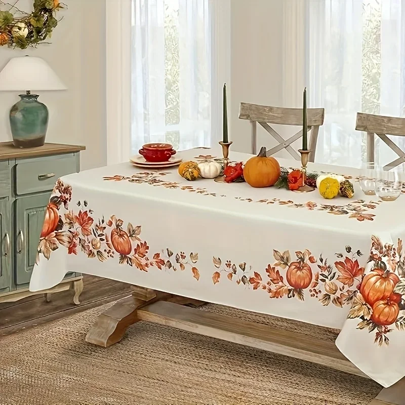 1 piece of linen Thanksgiving traditional autumn harvest tablecloth, with autumn leaves and pumpkin field border print on itxzj