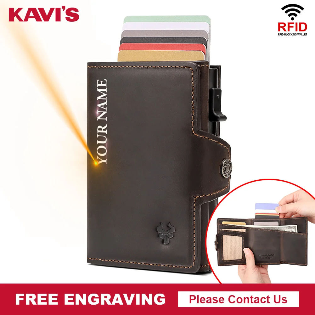 Free Engrave Unisex Aluminum Credit Card Wallet Genuine Leather Automatic Pop Up Bank Cardholder Case with Money Clip Coin Purse