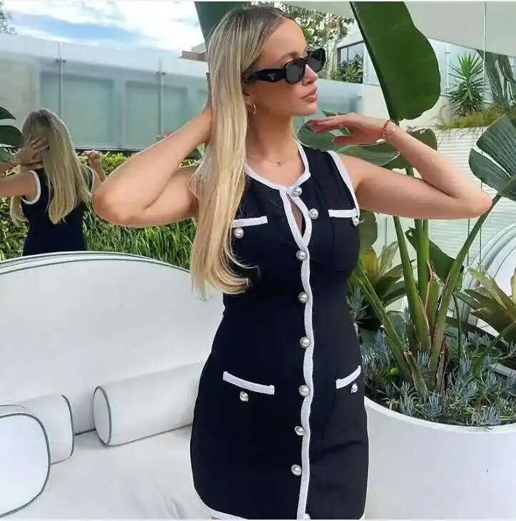 Ele Knitted ort Dr Pearl Button Svel Vest High Waist A-Line Summer Dr for Women in Their Late Twenties